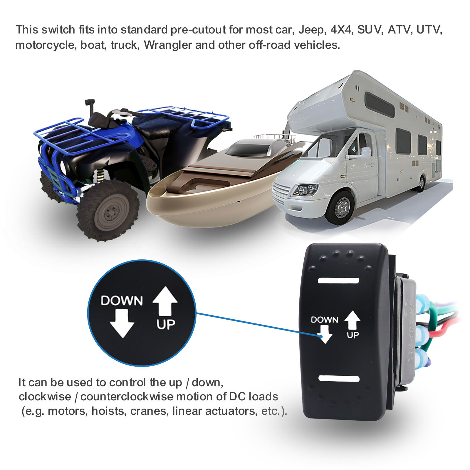 Edge LAS2 DPDT 20A 12V DC Motor Polarity Reversing Momentary Rocker Switch with Pigtail Wire Actuator Up/Down Blue LED