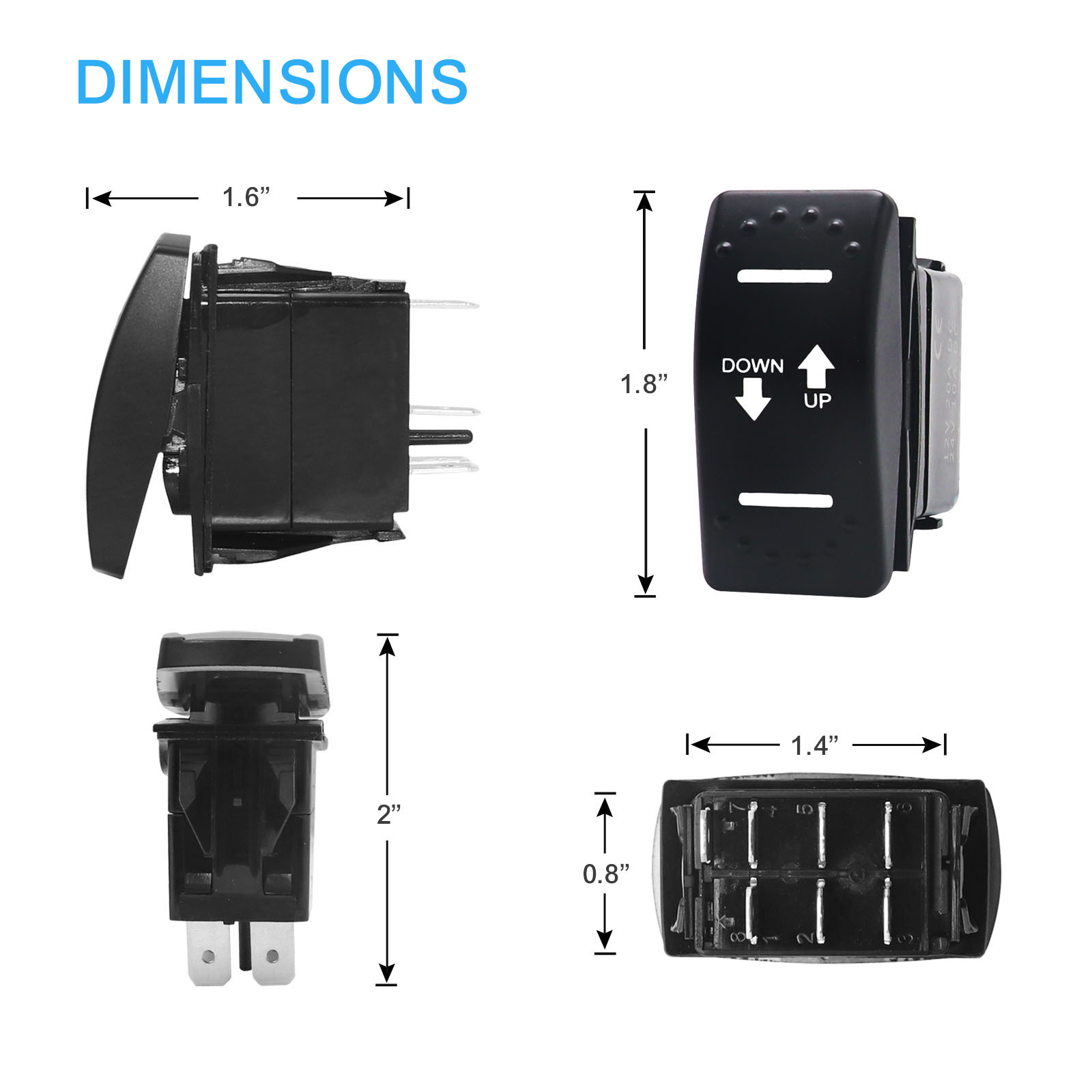 Edge LAS2 DPDT 20A 12V DC Motor Polarity Reversing Momentary Rocker Switch with Pigtail Wire Actuator Up/Down Blue LED