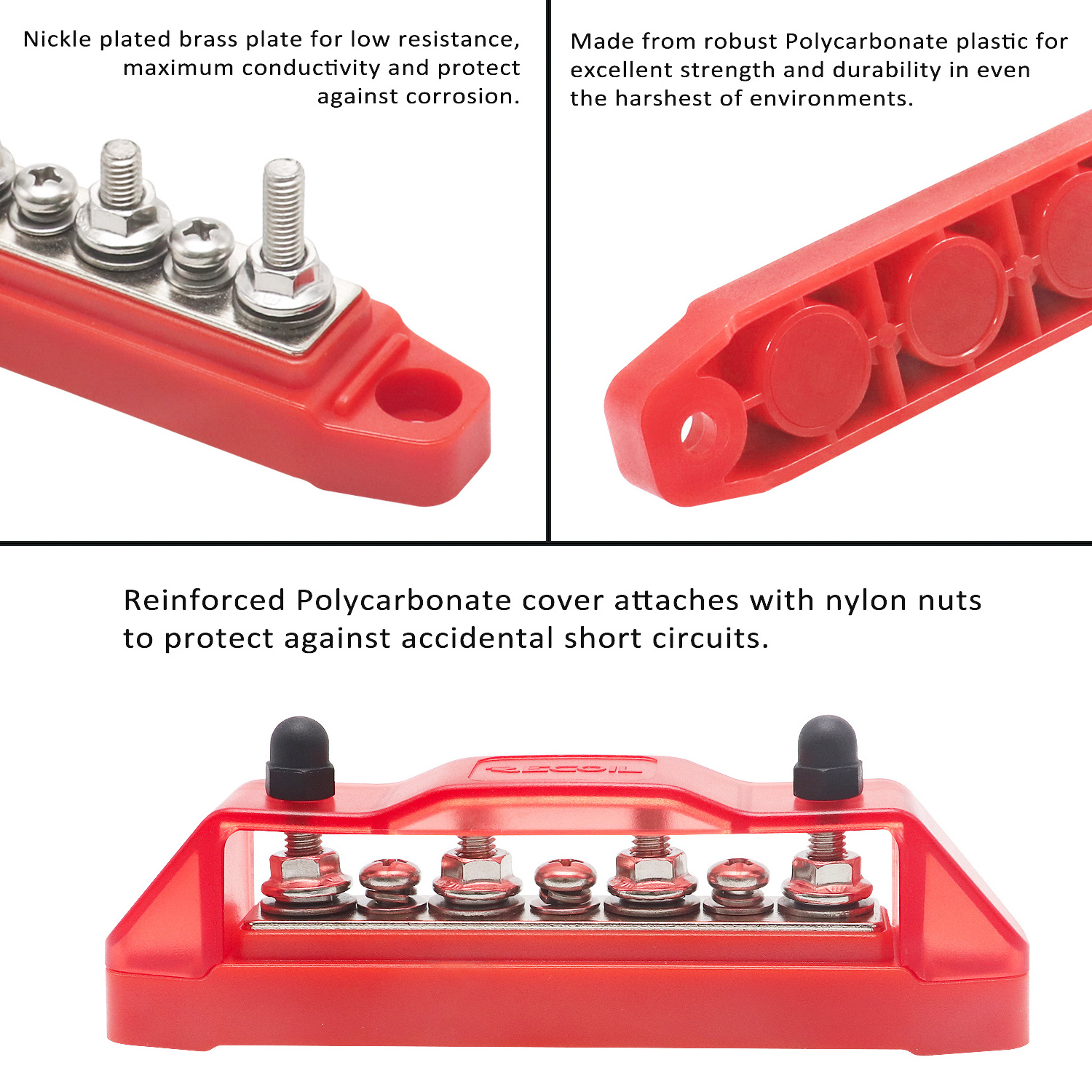 Edge BBS43-R Bus Bar 4 x 1/4in Studs, 3 x #8 Screw Terminals Power Distribution Block with Ring Terminals (Single Red)