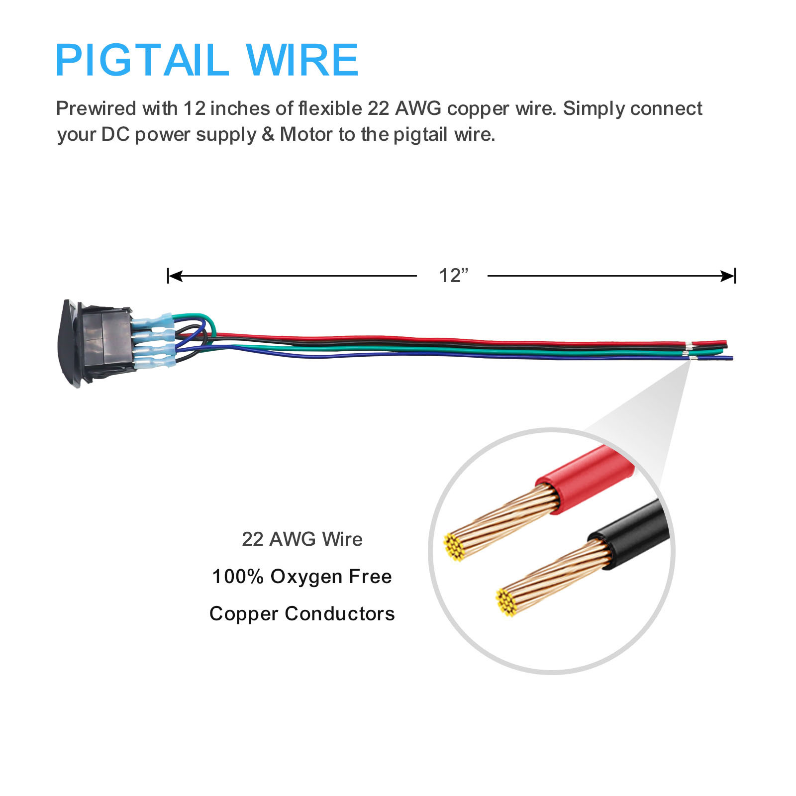 Edge LAS2 DPDT 20A 12V DC Motor Polarity Reversing Momentary Rocker Switch with Pigtail Wire Actuator Up/Down Blue LED