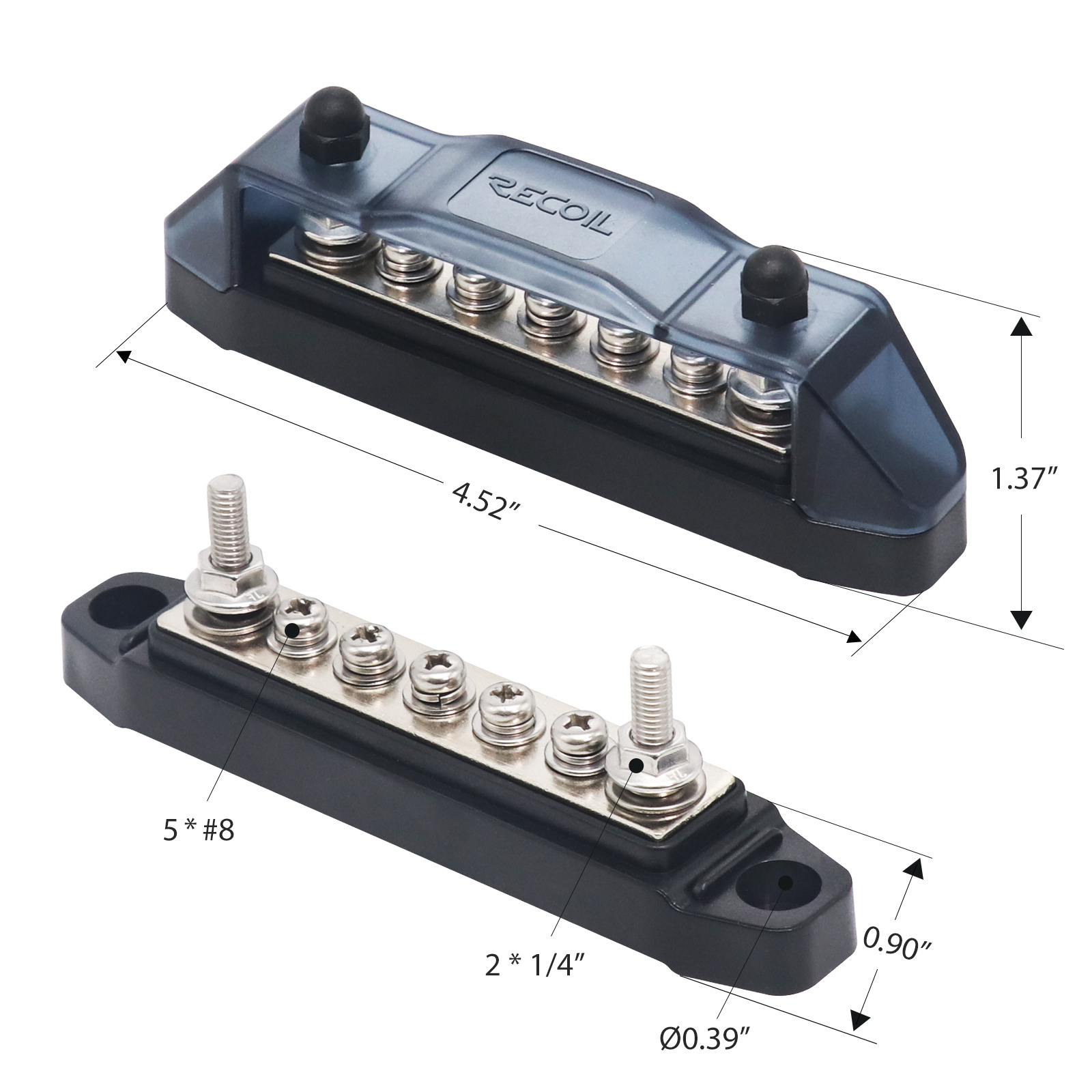 Edge BBS25P Bus bar 2x1/4in studs and 5 screw terminals power distribution block with ring terminals pair red & black