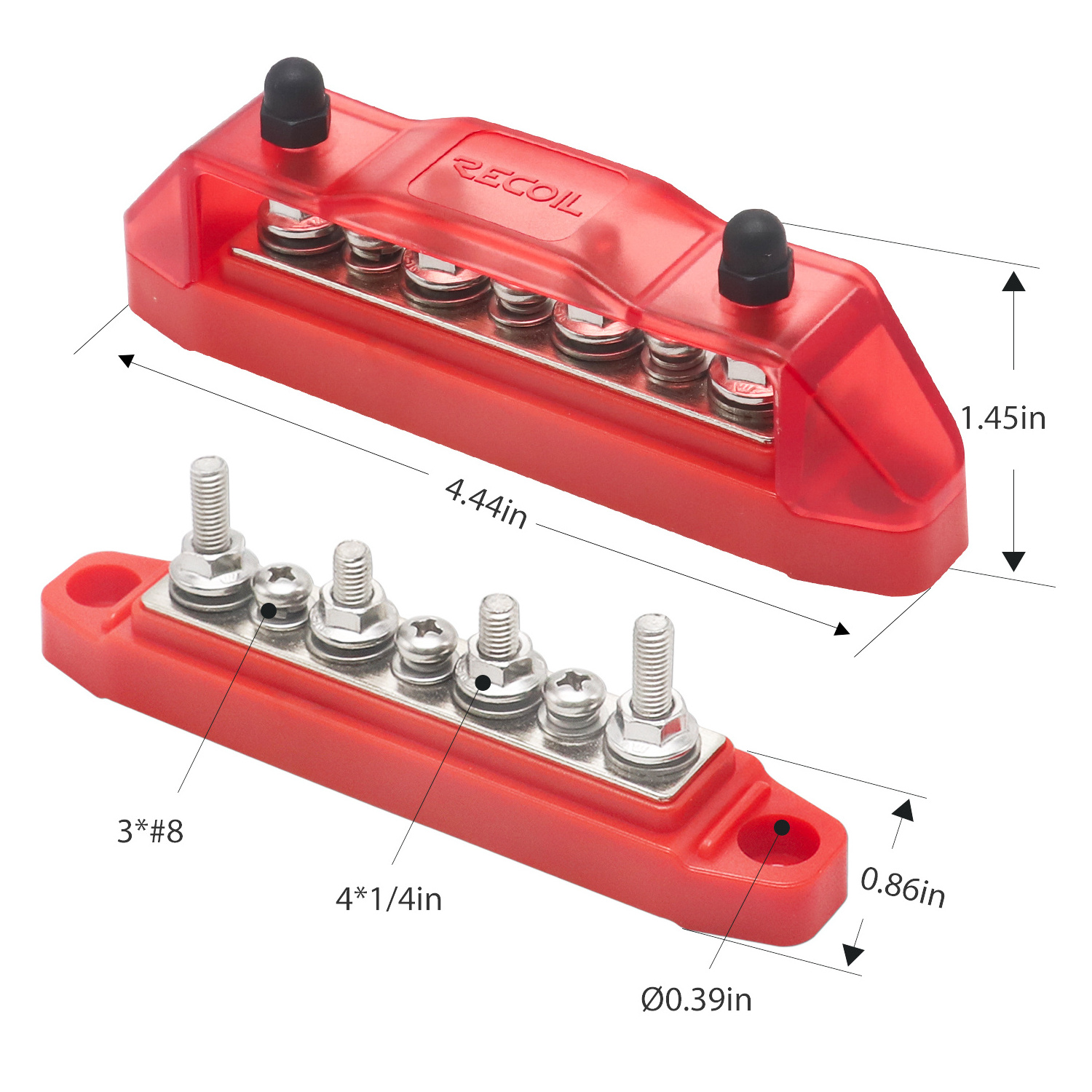 Edge BBS43-R Bus Bar 4 x 1/4in Studs, 3 x #8 Screw Terminals Power Distribution Block with Ring Terminals (Single Red)