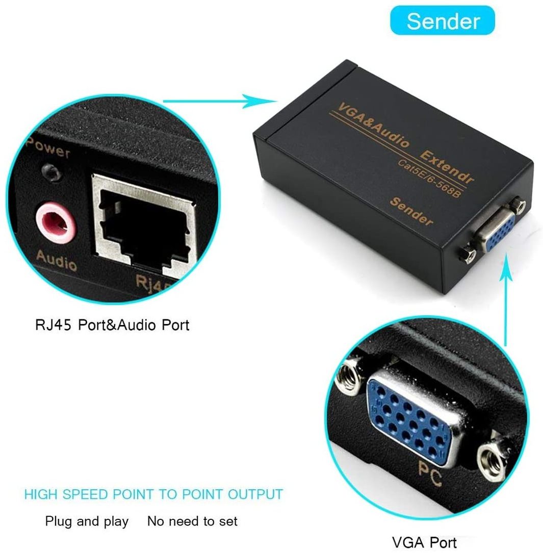 Metal Housing VGA Extender TX-RX Over RJ45 Cat5/6 UTP Network Cable VGA Extender With L/R Audio Video Transmitter And Receiver