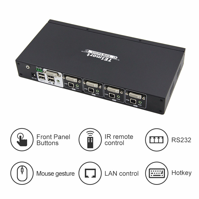 TESmart DVI KVM Switch External Button Remote Control Hot Selling Factory 4 Ports 4x1 DVI KVM Switcher