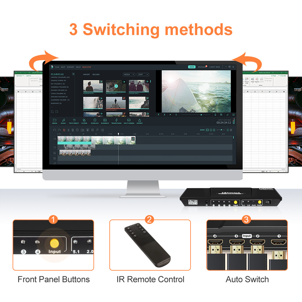 TESmart 4 Ports HDMI Switch Support Audio Output Via Optical L/R AUX Auto Input Detect 4K 60HZ HDMI Switch 4x1