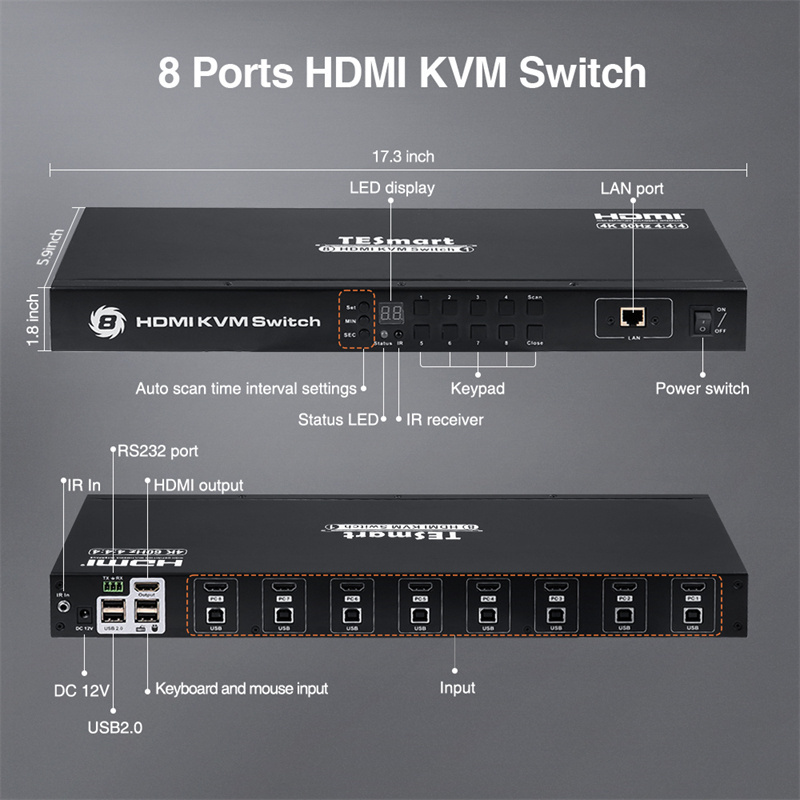 HDMI KVM Switch 8x1 With  USB 2.0 RS232/IP IR remote control  Video Switcher 8 Port HDMI KVM Switch