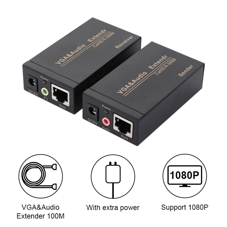 Metal Housing VGA Extender TX-RX Over RJ45 Cat5/6 UTP Network Cable VGA Extender With L/R Audio Video Transmitter And Receiver