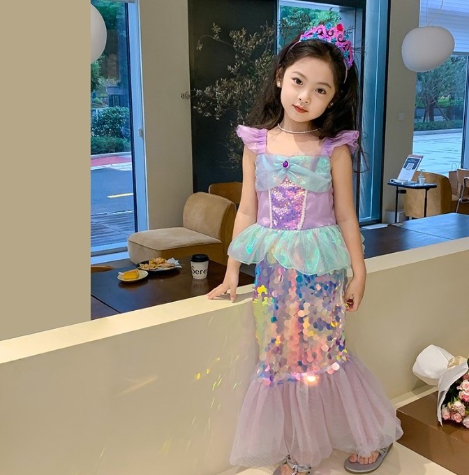 High quality Sequins Girl Mermaid Cosplay Costume For Halloween Christmas Party Lace Mermaid Dress For Kids Girls