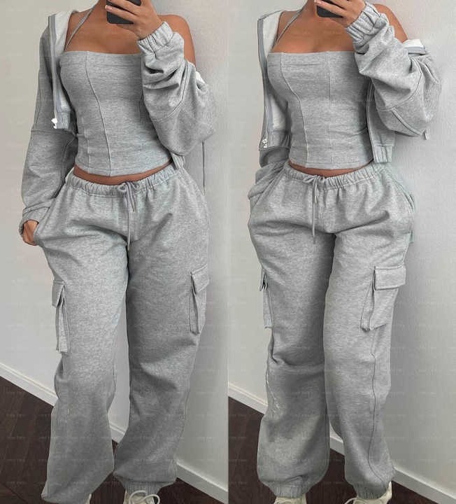 3 Pieces Sports Cargo Sweatpants And Hoodie Pant Set Cotton French Terry Embroidery Crop Acid Wash Sweatsuit Tracksuit For Women