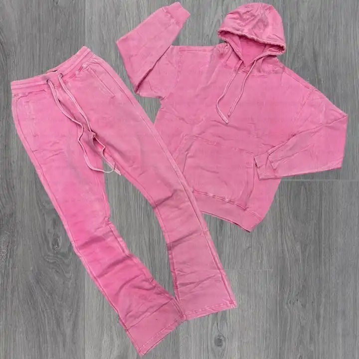 2 Piece Distressed Stacked Pants Sweatsuits Oversized Acid Wash Tracksuits Blank Jogger Women Flared Sweatpants And Hoodie Sets