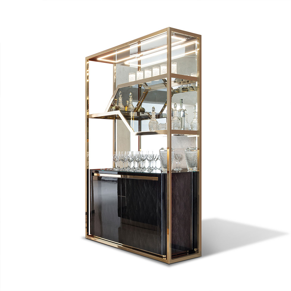 Kf Casa Gold Stainless Steel Modern Luxury Bar Cabinet Wooden Home Bar Cabinet Mini Display Liquor Wine Bar Cabinet