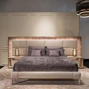 Italian Design King Size Bed Modern Leather Queen Size Wood Bed Frame With Gold Stainless Steel For Bedroom Furniture