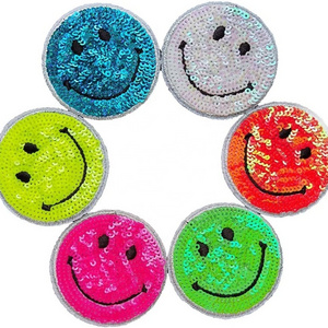 Happy Smile Face Cute Iron On Patches 2 inch Stoney Preppy Patches Glitter Heat Iron On Sequins Applique for Backpacks Hats