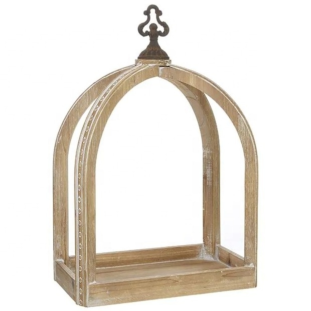 Open Frame Wooden Lantern Decorative Table Centerpiece Candle And tealight Holder With Metal Top