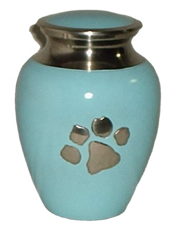 Light Blue Cremation Urn Design With Silver Paw Carved Premium Pure Funeral Ashes Urn Home Decor Most Attentive Structured Urn