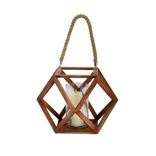 Open Frame Wooden Lantern Decorative Table Centerpiece Candle And tealight Holder With Metal Top