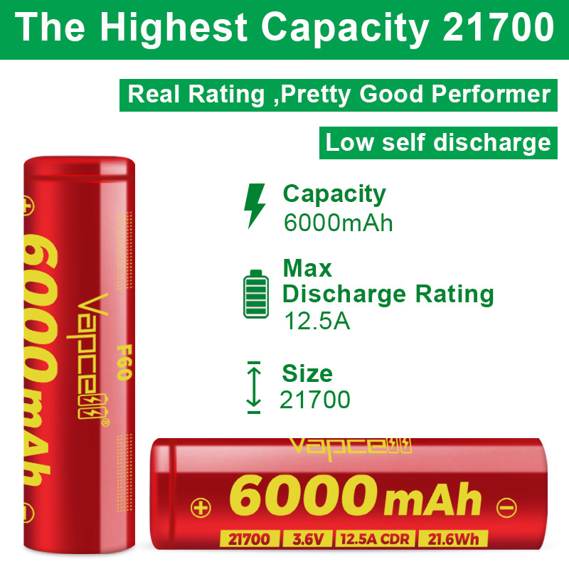 highest capacity 21700 6000mah 12.5A  Vapcell F60 Rechargeable Battery for flashlight battery pack lithium-ion batteries