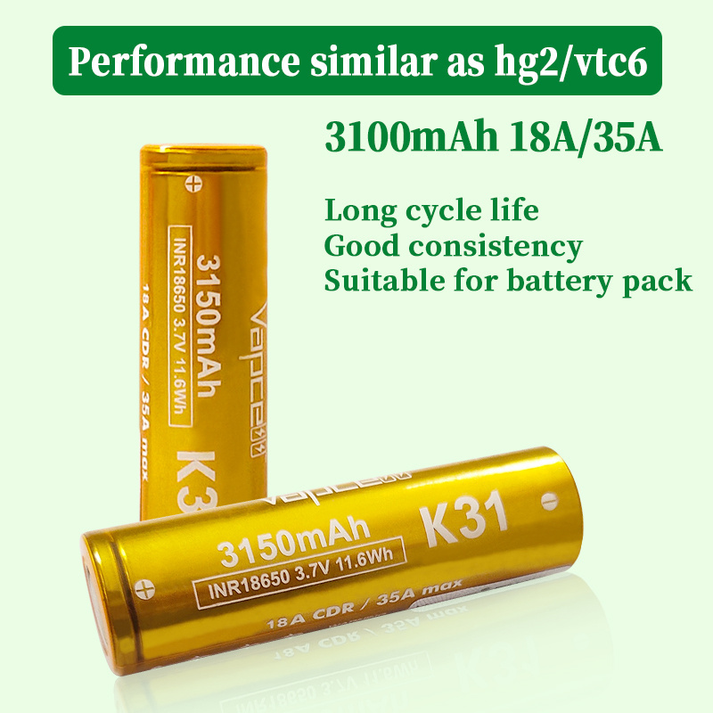 Vapcell K31 Wholesale 18650 Battery 3.7v 3150mAh Small Fan Electric Toy Car Battery Cylindrical Charging Lithium Ion Batteries