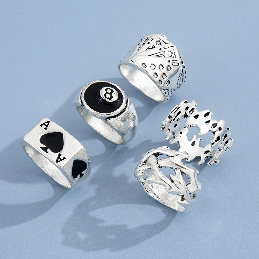 AA00150 Alloy Playing card ring retro spades solitaire ring set creative love flame drip oil ring 5pcs/set