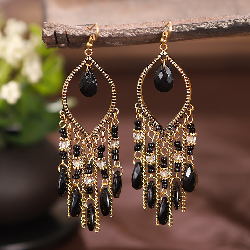 Wholesale Boho Bohemian Earrings Beaded Fashion Jewelry Women Ethnic Style Vintage Hollow Drop Shape Acrylic Beads Tassel