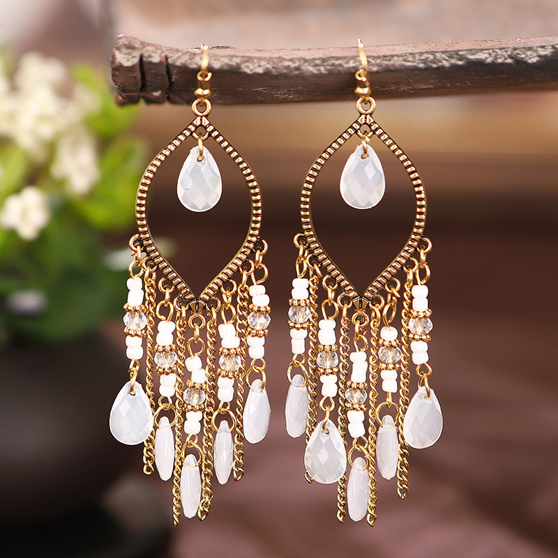 Wholesale Boho Bohemian Earrings Beaded Fashion Jewelry Women Ethnic Style Vintage Hollow Drop Shape Acrylic Beads Tassel