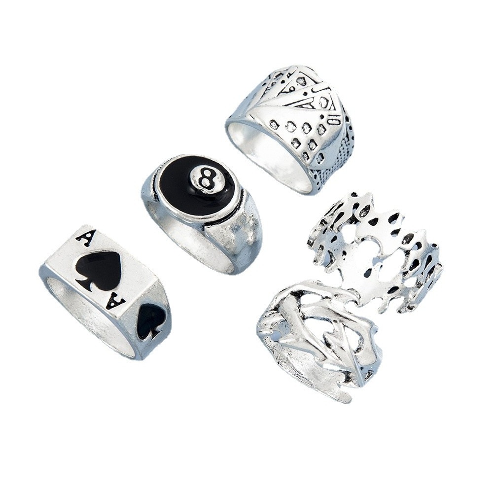 AA00150 Alloy Playing card ring retro spades solitaire ring set creative love flame drip oil ring 5pcs/set