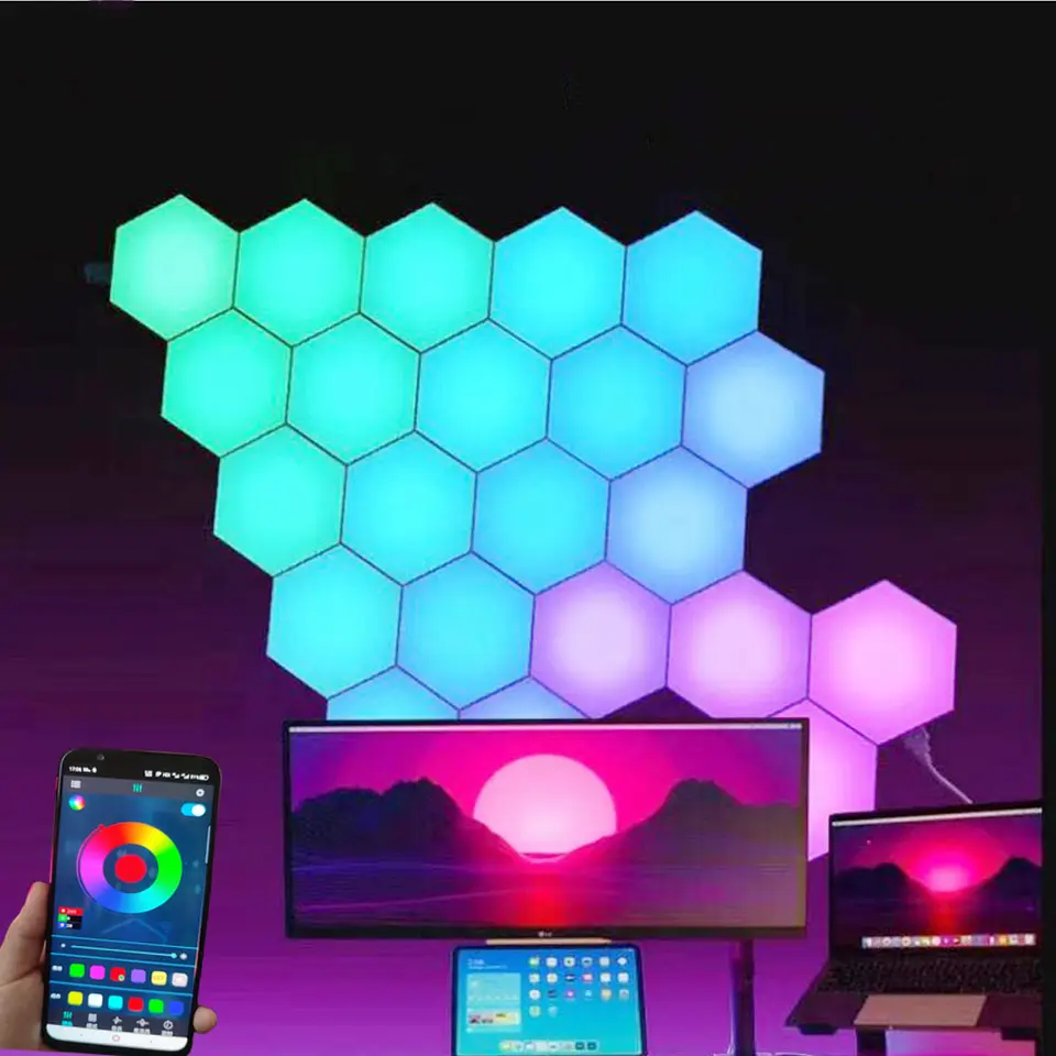 Aoying Hexagon Lights LED Wall Panels RGB Gaming Lights with Bluetooth APP Smart Modular Expansion Shapes Lights