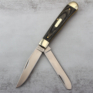 Classic Wood Handle 2-Blade Pocket Knife Old Timer Brass Bolster Folding Trapper Pocket Knife