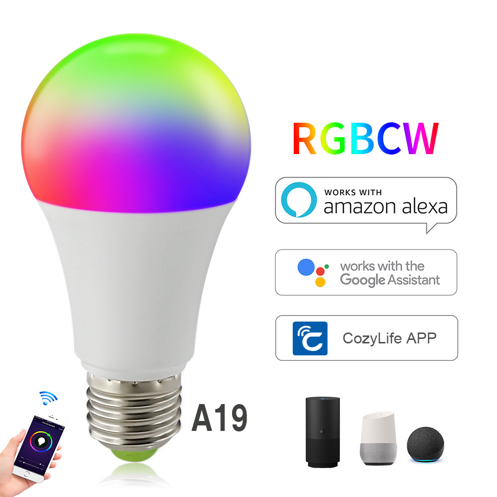 A19 E27 Dimmable Lamp 9W RGBCW Color Changing 2700K-6500K WiFi Smart LED Light Bulb Compatible with Alexa Echo Google Home IFTTT