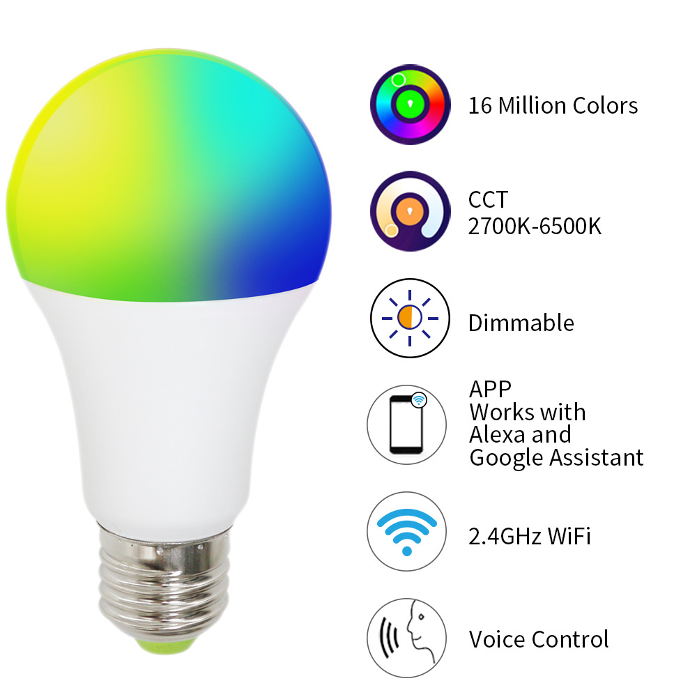 A19 E27 Dimmable Lamp 9W RGBCW Color Changing 2700K-6500K WiFi Smart LED Light Bulb Compatible with Alexa Echo Google Home IFTTT