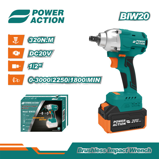 Power Action  BIW20 Brushless 20V Double Speed Cordless Brushless Impact Wrench with 320Nm