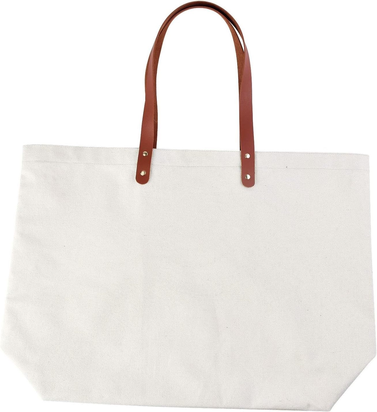 Custom Shopping Party Gift Ladies Single Shoulder Strap Zipper Pocket Cotton Canvas Tote Bag With Leather Handles