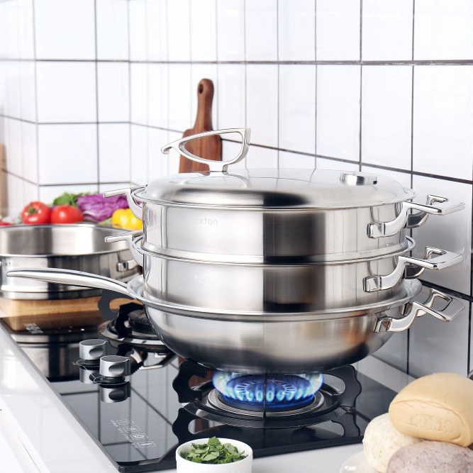 Multifunction Kitchen Utensils Stainless Steel Wok 2 Layer Food Warmer Steamer Pot Non Stick Kitchen wares Set Cooking Utensils