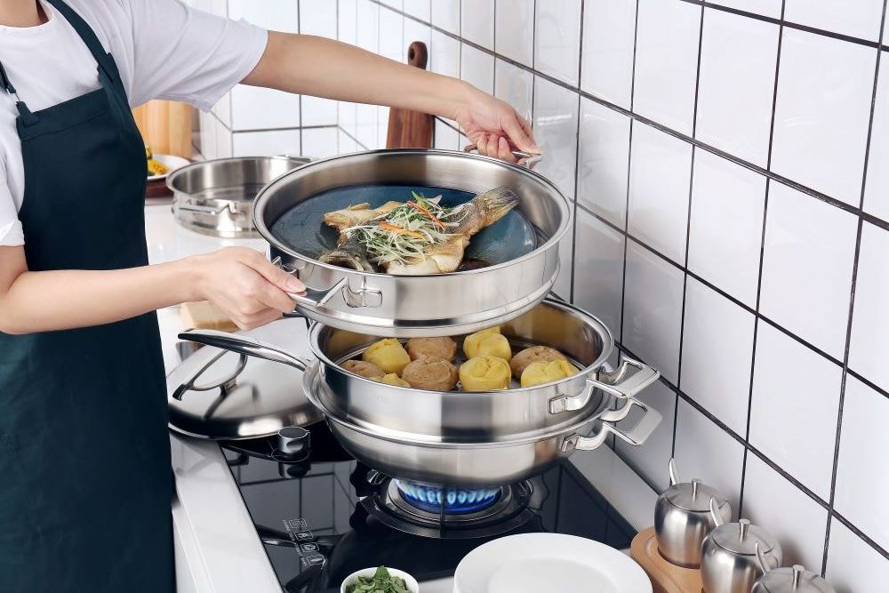 Multifunction Kitchen Utensils Stainless Steel Wok 2 Layer Food Warmer Steamer Pot Non Stick Kitchen wares Set Cooking Utensils