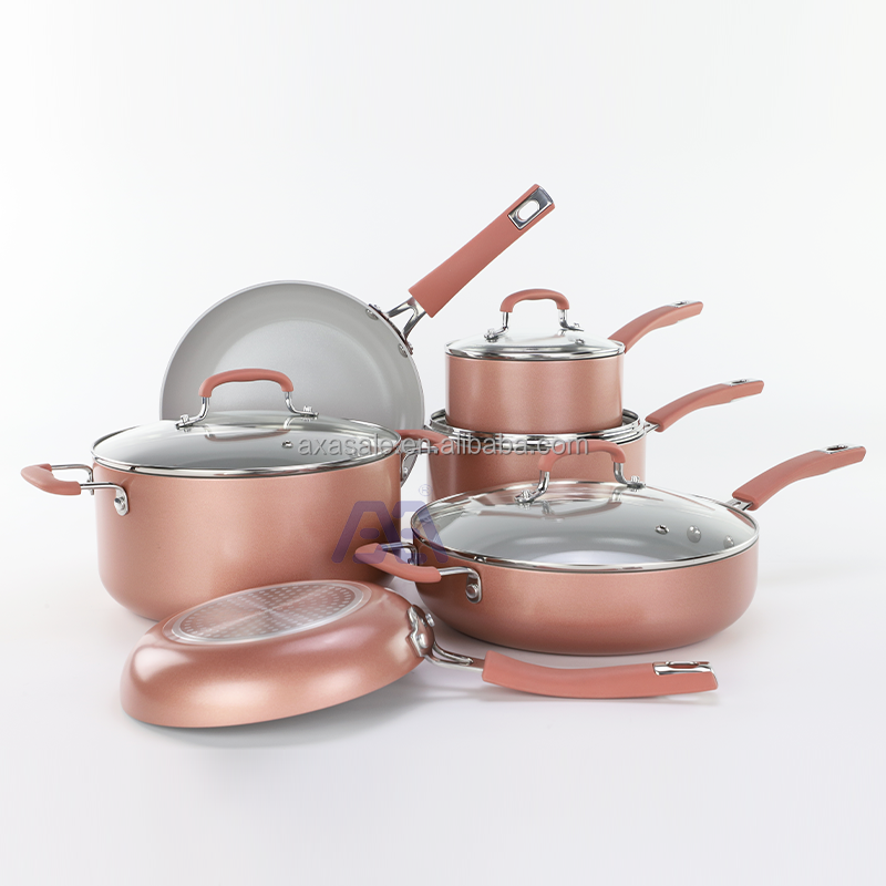 AXA Soft Grip Healthy Ceramic Nonstick 6 Piece Kitchen Cookware Pots and Frying Sauce Saute Pans Set, Dishwasher Safe, Soft Pink