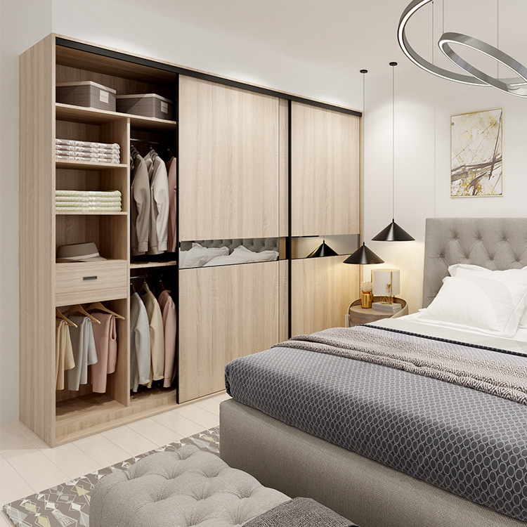 modern Bedroom Furniture mirror Wood Walk In Closet for clothes customized sliding Wardrobes with sliding doors