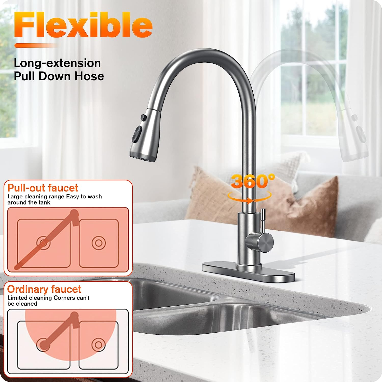 Kitchen Faucet With Pull-Down Spray Single Handle high Arc Commercial Stainless Steel Brushed Nickel Kitchen Sink Faucet