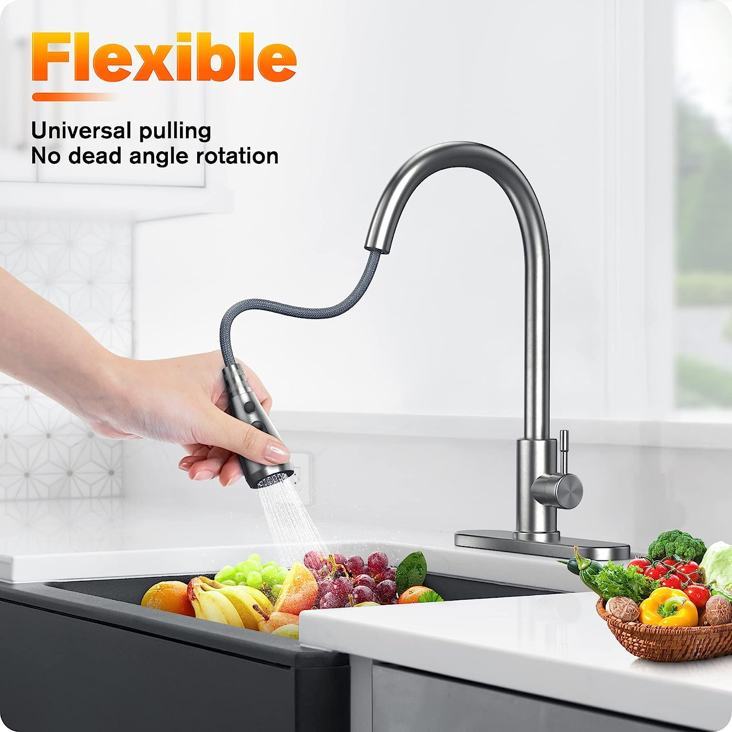 Kitchen Faucet With Pull-Down Spray Single Handle high Arc Commercial Stainless Steel Brushed Nickel Kitchen Sink Faucet