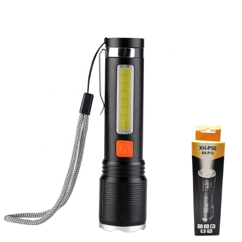 Super Bright Flashlight 4 Modes Zoomable With Cob Side Floodlight XH-P50 led mini cob spotlight rechargeable flashlight hook