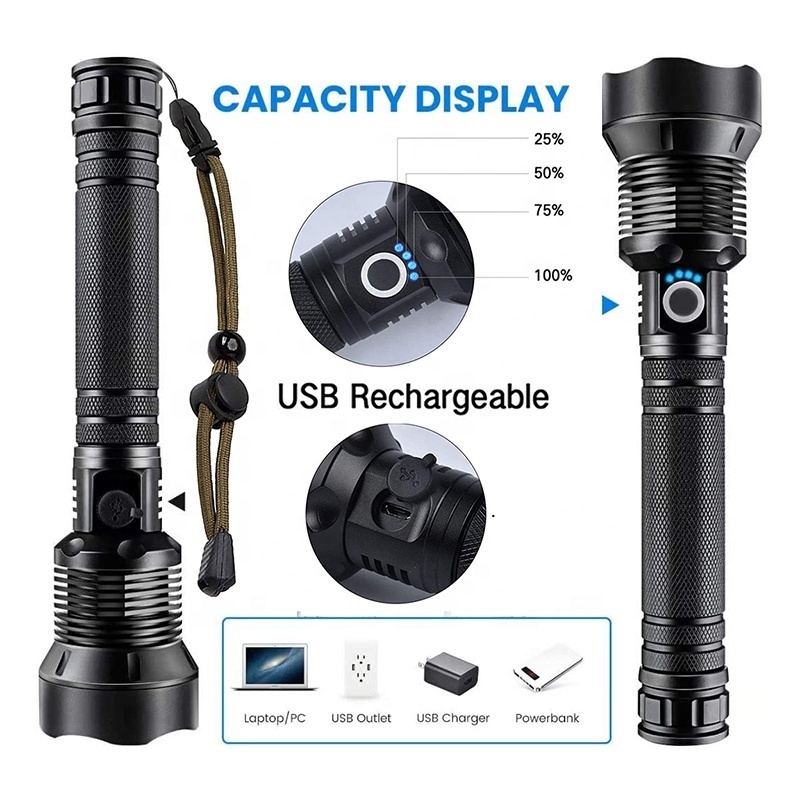 Waterproof Camping Outdoor Tactical Torch Flashlight Led Usb Rechargeable Flashlights Powerful 10w 10000 Lumens 5 Modes 10 Ce 90