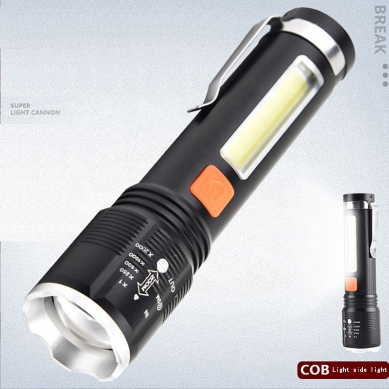 Super Bright Flashlight 4 Modes Zoomable With Cob Side Floodlight XH-P50 led mini cob spotlight rechargeable flashlight hook