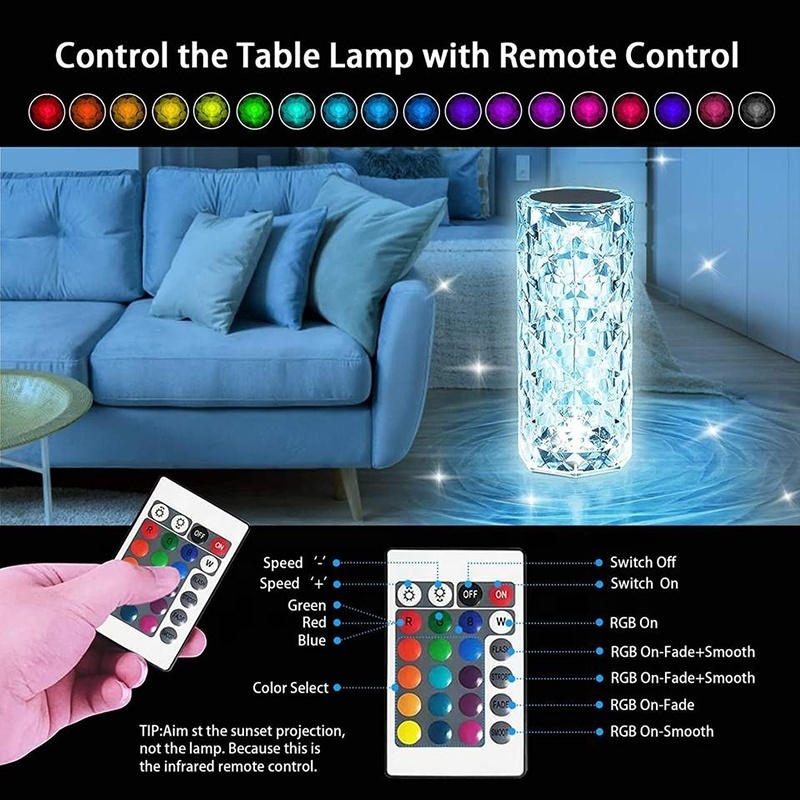 New Rechargeable Usb Touch Crystal Acrylic Shiny desk light With Rose Shadow Effect Home Bedroom Living Room Luxury Table Lamp