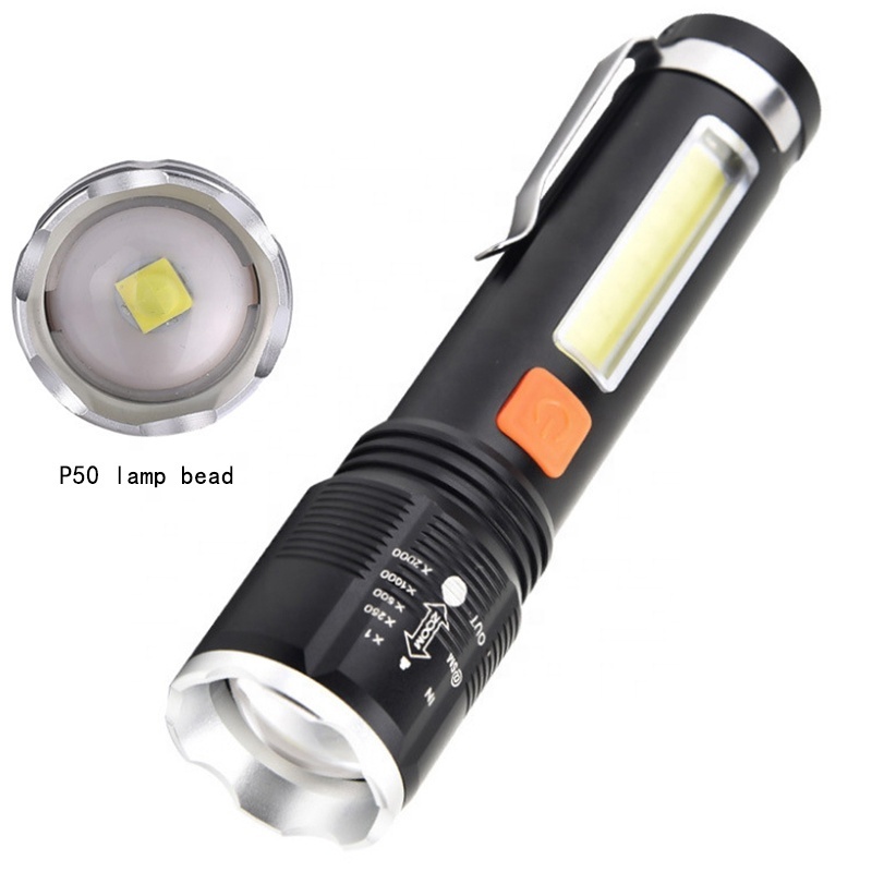 Super Bright Flashlight 4 Modes Zoomable With Cob Side Floodlight XH-P50 led mini cob spotlight rechargeable flashlight hook