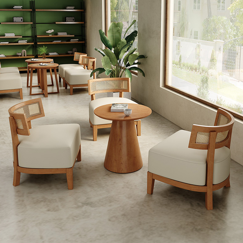 Milk tea shop dessert restaurant woven rattan wood wabi-sabi style casual cafe table and chair set solid wood chair and table