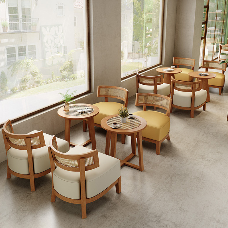 Milk tea shop dessert restaurant woven rattan wood wabi-sabi style casual cafe table and chair set solid wood chair and table