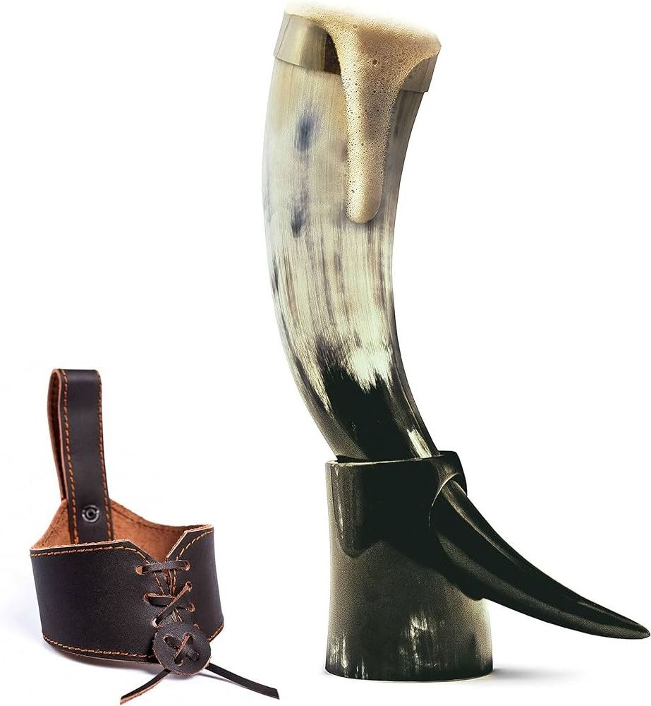 Viking Drinking Horn Mug Drink Horn With Stand 16 Oz Genuine Handcrafted Wine Ale Water and Beer Tankard 2 Pcs Set