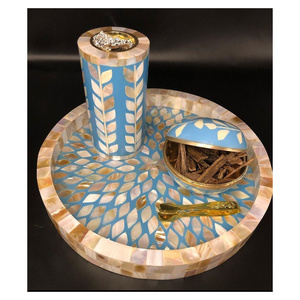 Customized Mother of Pearl Inlay Bakhoor Set MOP Inlay Oud Burner Incense Burner Mother of Pearl Tray Box Latest Mubkhar Medkhan