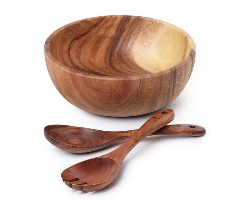 Wooden Mixing Bowl for Salad & Soup Acacia Wood Bowl Natural finished Mixing Bowl with fork & spoon by Axiom Home Accents