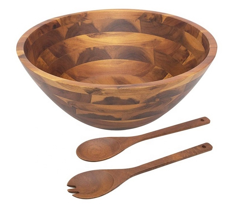 Wooden Mixing Bowl for Salad & Soup Acacia Wood Bowl Natural finished Mixing Bowl with fork & spoon by Axiom Home Accents