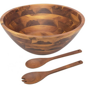 Wooden Mixing Bowl for Salad & Soup Acacia Wood Bowl Natural finished Mixing Bowl with fork & spoon by Axiom Home Accents